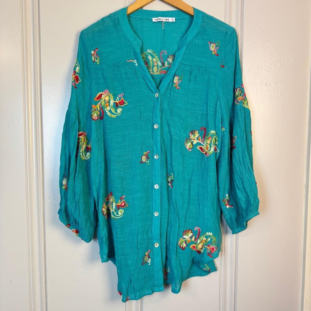Figueroa‎ & Flower Teal Embroidered Button Down Boho Shirt Top Womens Size XL